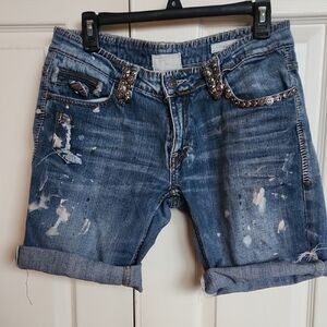 Distressed Denim Shorts with Studded Details